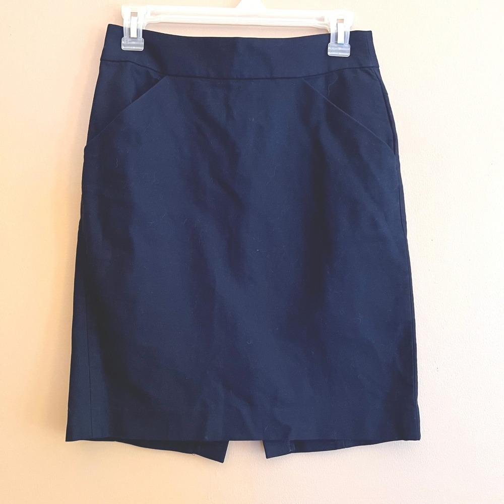 J.Crew Womens Navy Blue Cotton Pencil Office Capsule Skirt Size 0 Front Pockets